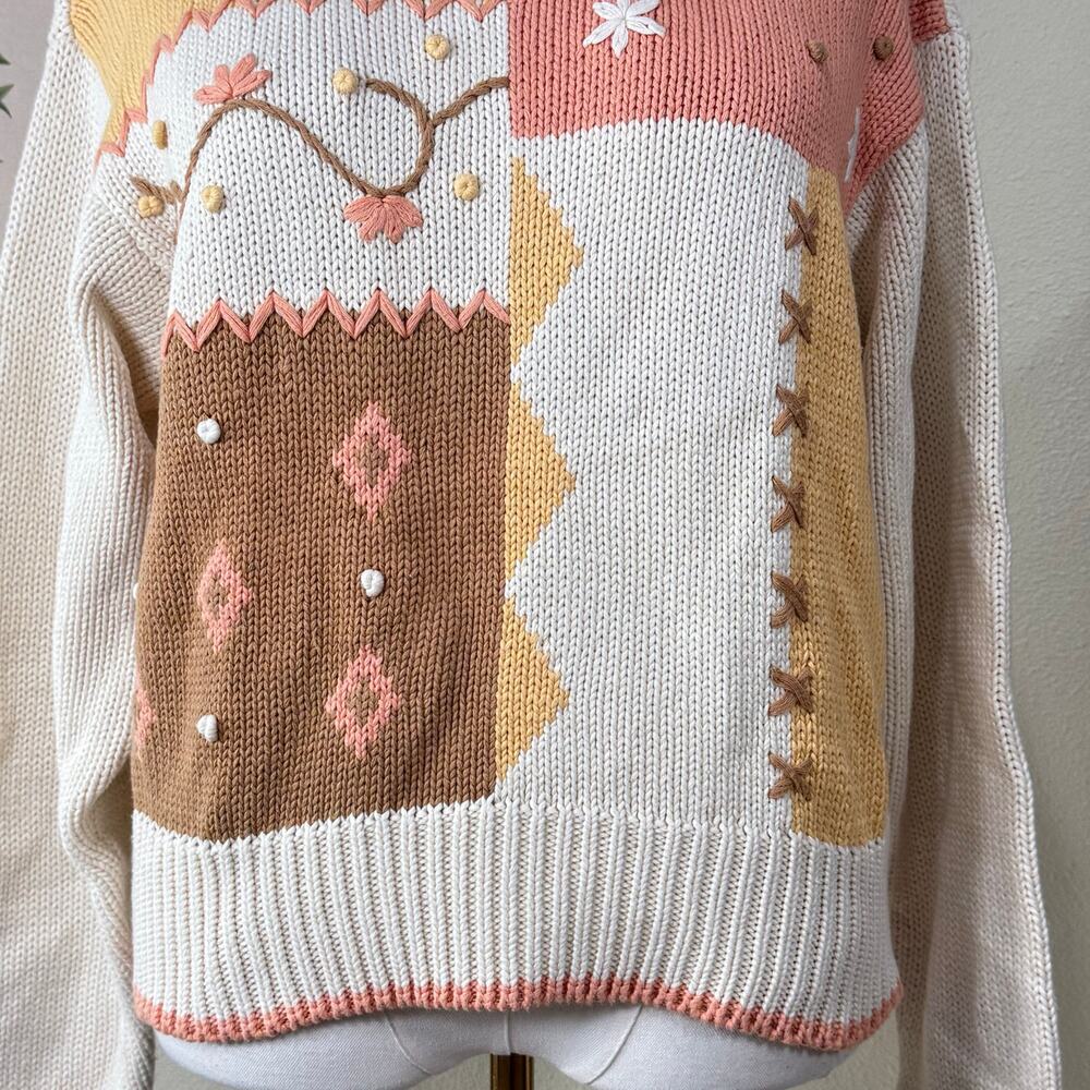 Vintage 80s Patchwork Embroidered Floral Sweater Grannycore Grandma Cottage L - Picture 3 of 9